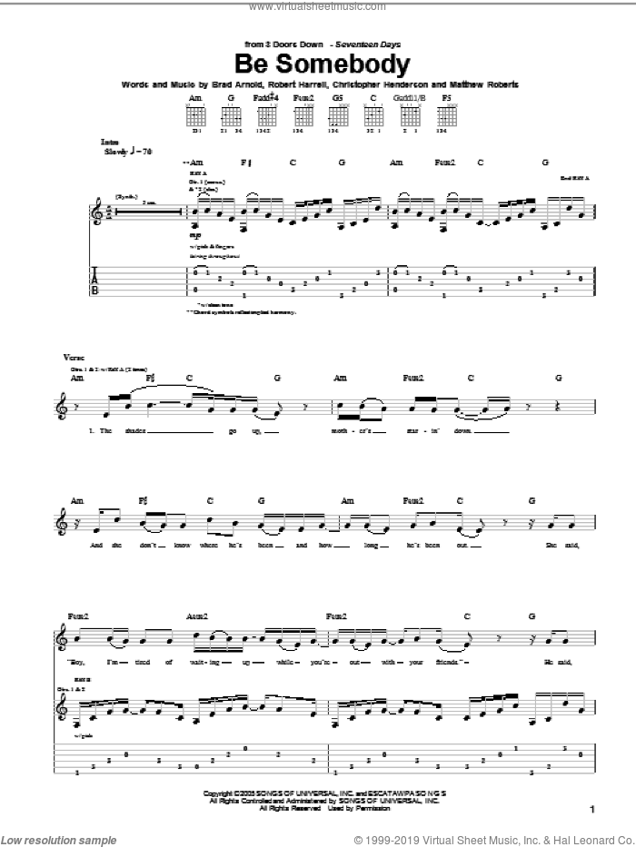Be Somebody sheet music for guitar (tablature) by 3 Doors Down, Brad Arnold, Christopher Henderson, Matthew Roberts and Robert Harrell, intermediate skill level