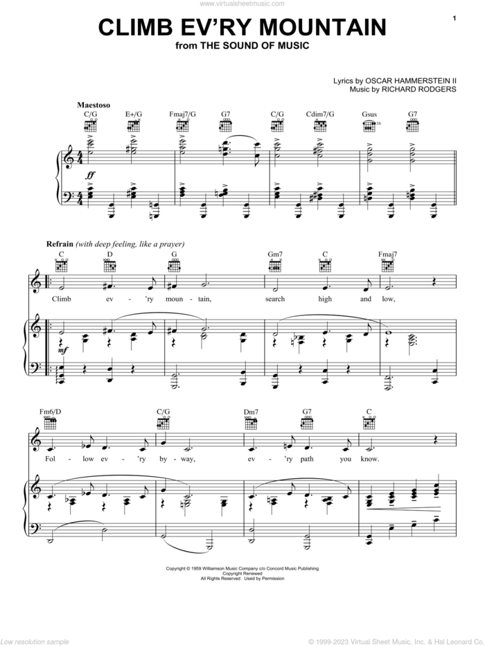 Climb Ev'ry Mountain (from The Sound of Music) sheet music for voice, piano or guitar by Rodgers & Hammerstein, The Sound Of Music (Musical), Oscar II Hammerstein and Richard Rodgers, intermediate skill level