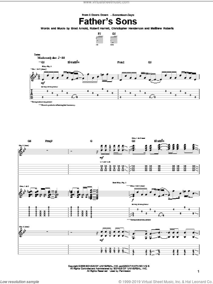 Father's Sons sheet music for guitar (tablature) by 3 Doors Down, Brad Arnold, Christopher Henderson, Matthew Roberts and Robert Harrell, intermediate skill level