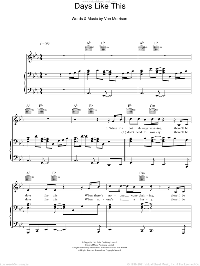Days Like This sheet music for voice, piano or guitar by Van Morrison, intermediate skill level