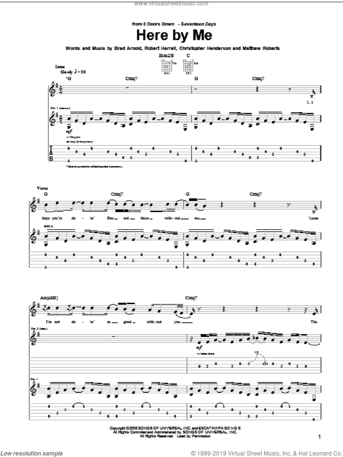 Here By Me sheet music for guitar (tablature) by 3 Doors Down, Brad Arnold, Christopher Henderson, Matthew Roberts and Robert Harrell, intermediate skill level