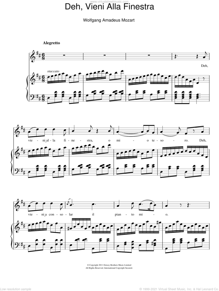 Deh, Vieni Alla Finestra (Serenade) sheet music for voice and piano by Wolfgang Amadeus Mozart, classical score, intermediate skill level