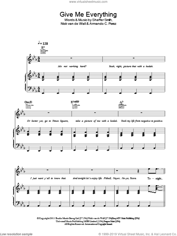 Give Me Everything (Tonight) sheet music for voice, piano or guitar by Pitbull featuring Ne-Yo, Armando C. Perez, Nick van de Wall and Shaffer Smith, intermediate skill level
