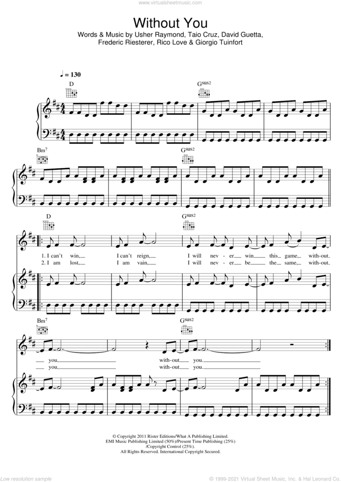 Without You (featuring Usher) sheet music for voice, piano or guitar by David Guetta featuring Usher, Gary Usher, David Guetta, Frederic Riesterer, Giorgio Tuinfort, Rico Love, Taio Cruz and Usher Raymond, intermediate skill level