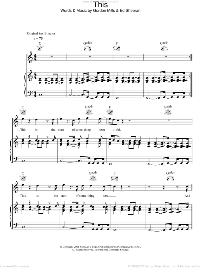 This sheet music for voice, piano or guitar by Ed Sheeran and Gordon Mills, intermediate skill level