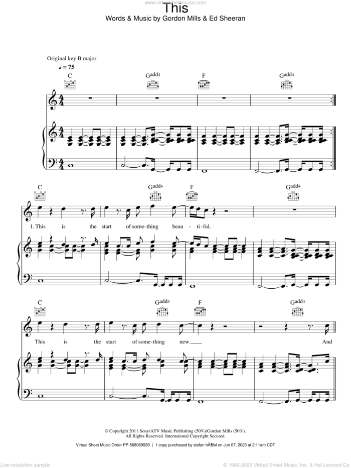 This sheet music for voice, piano or guitar by Ed Sheeran and Gordon Mills, intermediate skill level