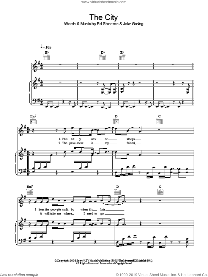 The City sheet music for voice, piano or guitar by Ed Sheeran and Jake Gosling, intermediate skill level