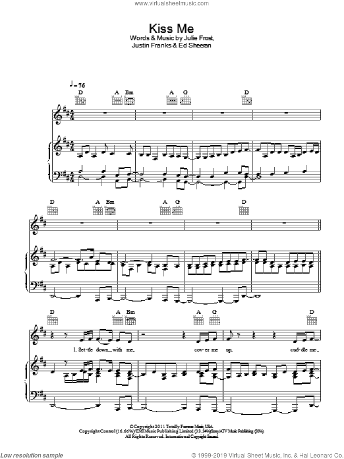 Kiss Me sheet music for voice, piano or guitar by Ed Sheeran, Julie Frost and Justin Franks, intermediate skill level