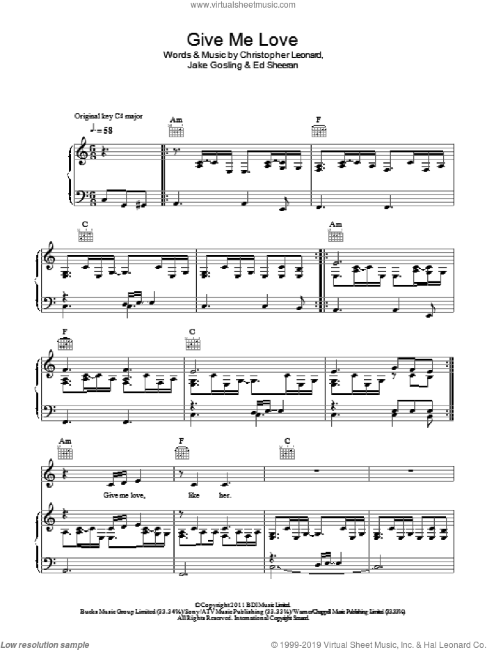 Give Me Love sheet music for voice, piano or guitar by Ed Sheeran, Christopher Leonard and Jake Gosling, intermediate skill level