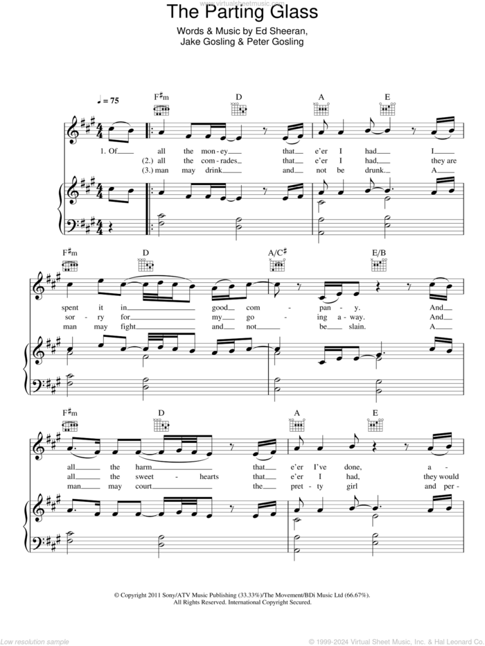 The Parting Glass sheet music for voice, piano or guitar by Ed Sheeran, Jake Gosling and Peter Gosling, intermediate skill level