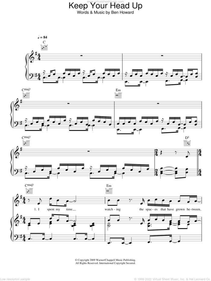 Keep Your Head Up sheet music for voice, piano or guitar by Ben Howard, intermediate skill level