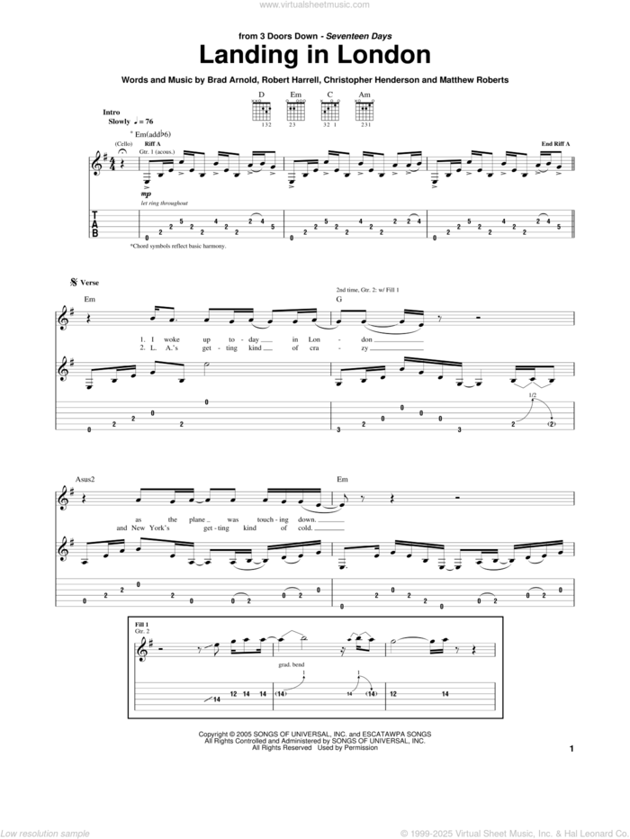 Landing In London sheet music for guitar (tablature) by 3 Doors Down, Brad Arnold, Christopher Henderson, Matthew Roberts and Robert Harrell, intermediate skill level