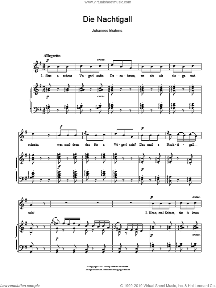 Die Nachtigall sheet music for voice and piano by Johannes Brahms, classical score, intermediate skill level