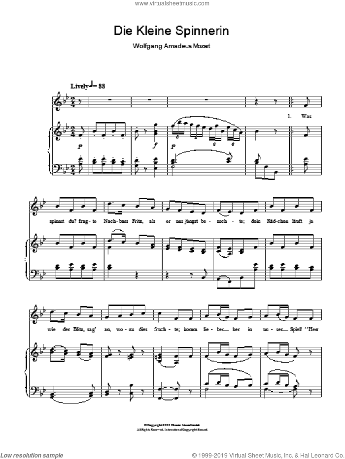 Die Kleine Spinnerin K.531 sheet music for voice and piano by Wolfgang Amadeus Mozart, classical score, intermediate skill level