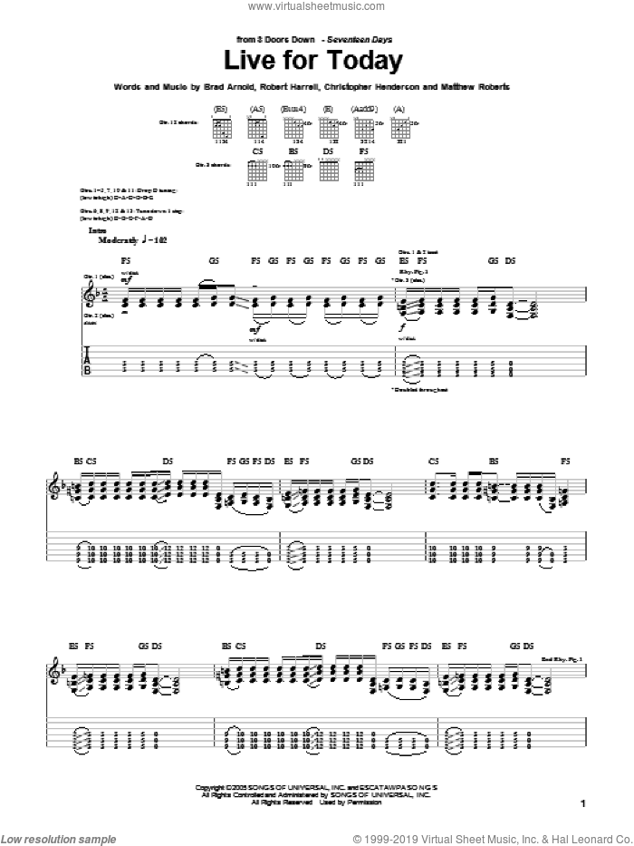 Live For Today sheet music for guitar (tablature) by 3 Doors Down, Brad Arnold, Christopher Henderson, Matthew Roberts and Robert Harrell, intermediate skill level