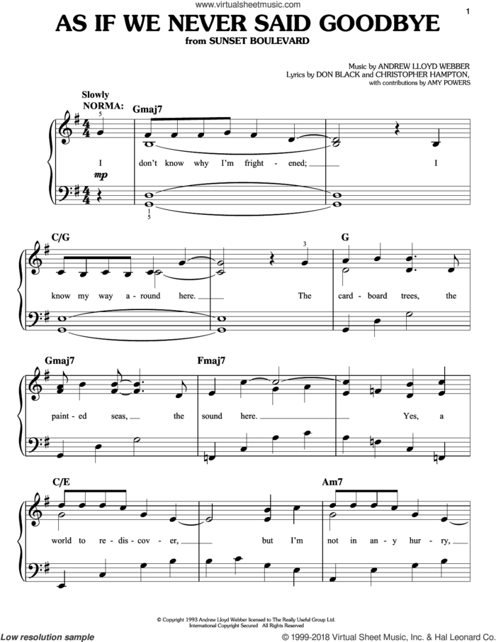 As If We Never Said Goodbye, (easy) sheet music for piano solo by Glee Cast, Sunset Boulevard (Musical), Andrew Lloyd Webber, Christopher Hampton, Don Black and Miscellaneous, classical score, easy skill level