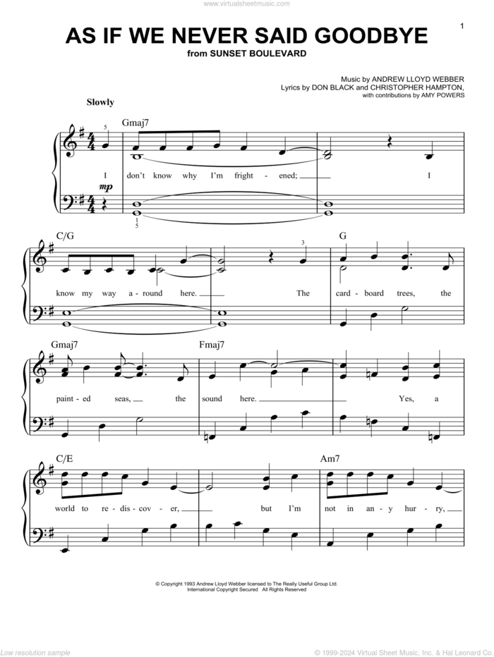 As If We Never Said Goodbye, (easy) sheet music for piano solo by Glee Cast, Sunset Boulevard (Musical), Andrew Lloyd Webber, Christopher Hampton, Don Black and Miscellaneous, classical score, easy skill level