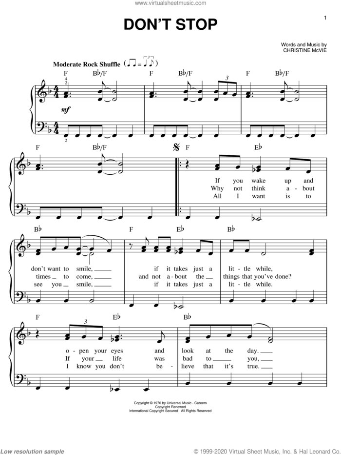 Don't Stop sheet music for piano solo by Glee Cast, Fleetwood Mac, Christine McVie and Miscellaneous, easy skill level