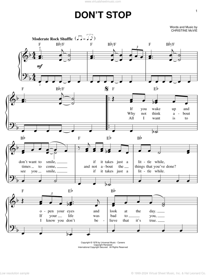 Don't Stop sheet music for piano solo by Glee Cast, Fleetwood Mac, Christine McVie and Miscellaneous, easy skill level