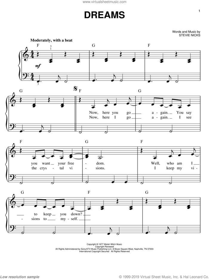 Dreams sheet music for piano solo by Glee Cast, Fleetwood Mac, Kristin Chenoweth, Miscellaneous and Stevie Nicks, easy skill level