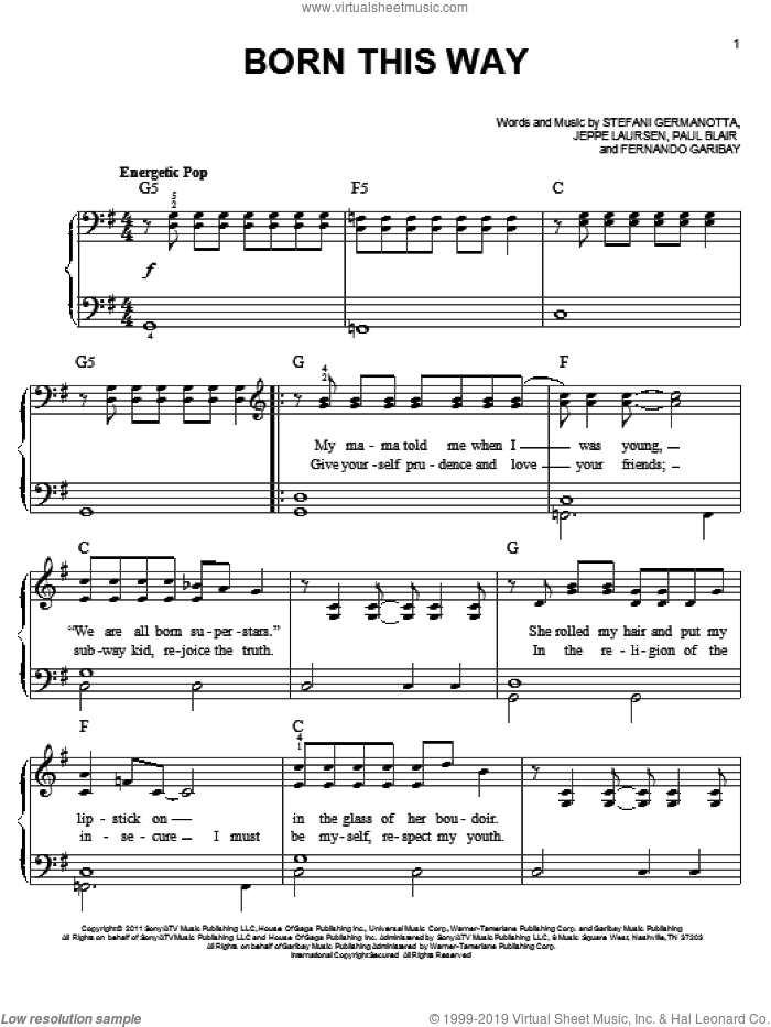 Born This Way sheet music for piano solo by Glee Cast, Fernando Garibay, Jeppe Laursen, Lady Gaga, Miscellaneous and Paul Blair, easy skill level