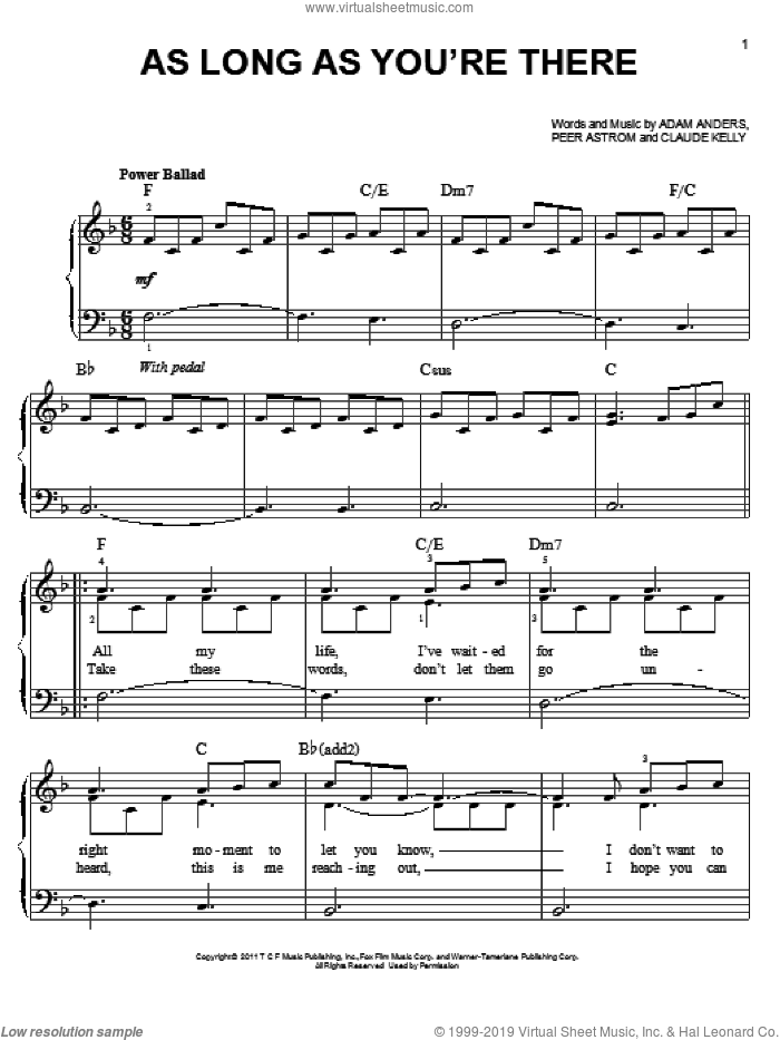 As Long As You're There sheet music for piano solo by Glee Cast, Adam Anders, Claude Kelly, Miscellaneous and Peer Astrom, easy skill level