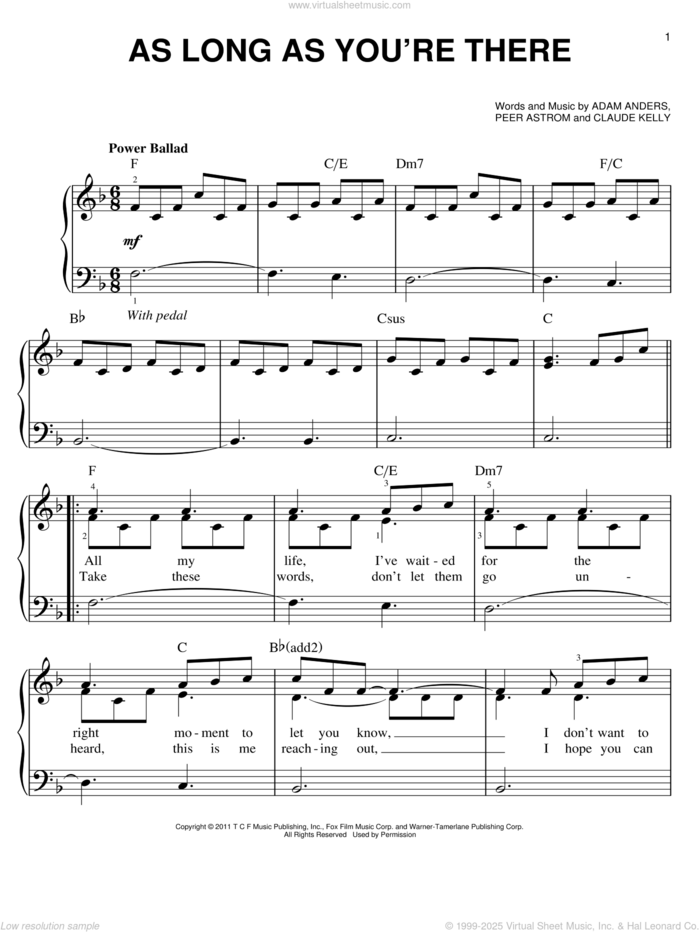As Long As You're There sheet music for piano solo by Glee Cast, Adam Anders, Claude Kelly, Miscellaneous and Peer Astrom, easy skill level