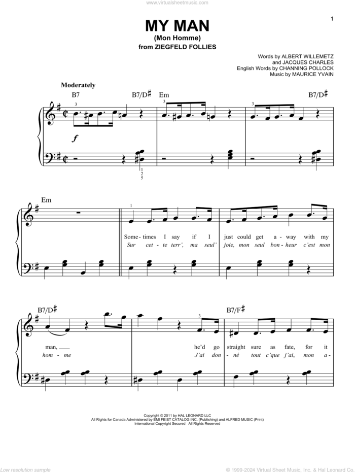 My Man (Mon Homme) sheet music for piano solo by Glee Cast, Albert Willemetz, Channing Pollock, Jacques Charles, Maurice Yvain and Miscellaneous, easy skill level