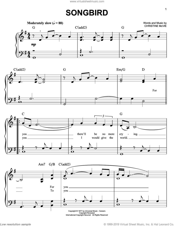 Songbird sheet music for piano solo by Glee Cast, Fleetwood Mac, Christine McVie and Miscellaneous, easy skill level
