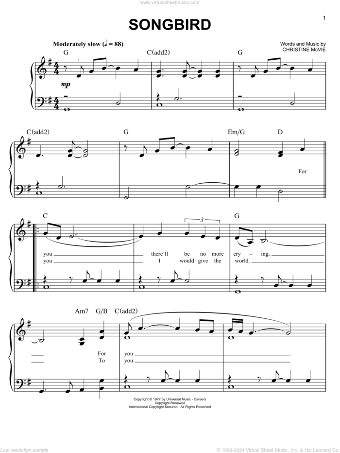 Songbird sheet music for piano solo by Glee Cast, Fleetwood Mac, Christine McVie and Miscellaneous, easy skill level