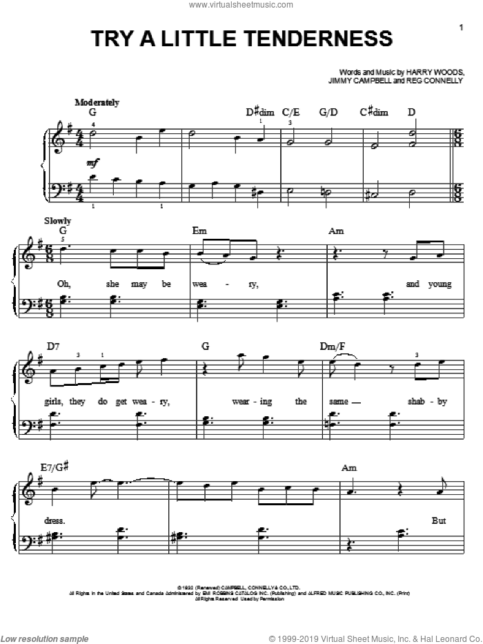 Try A Little Tenderness sheet music for piano solo by Glee Cast, Otis Redding, Harry Woods, Jimmy Campbell, Miscellaneous and Reg Connelly, easy skill level