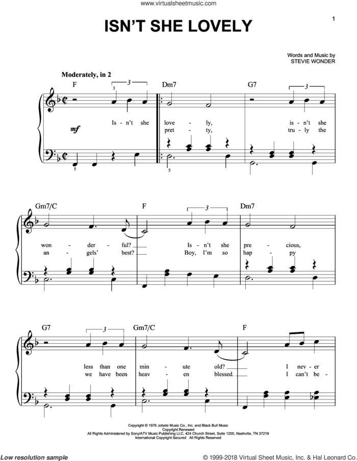 Isn't She Lovely sheet music for piano solo by Glee Cast, Miscellaneous and Stevie Wonder, easy skill level