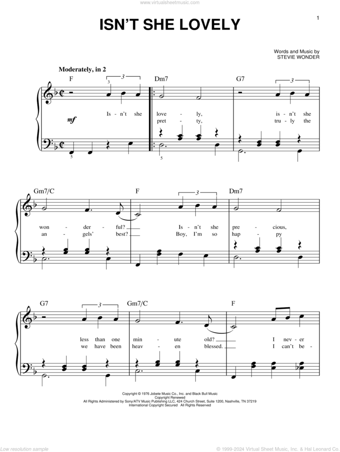 Isn't She Lovely sheet music for ukulele (PDF)