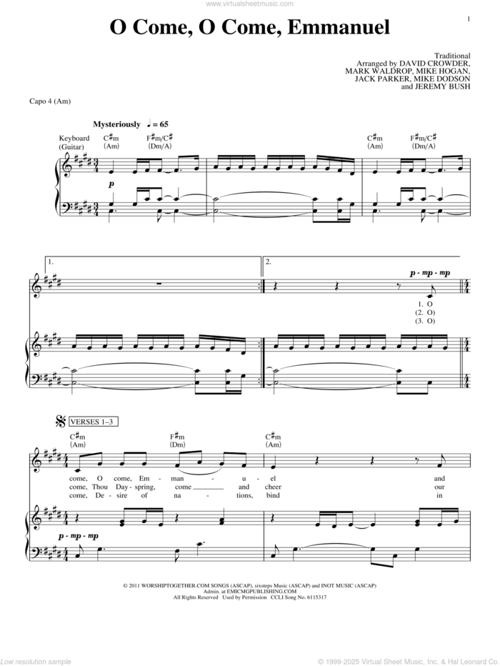 O Come, O Come, Emmanuel sheet music for voice, piano or guitar by David Crowder Band and Miscellaneous, intermediate skill level
