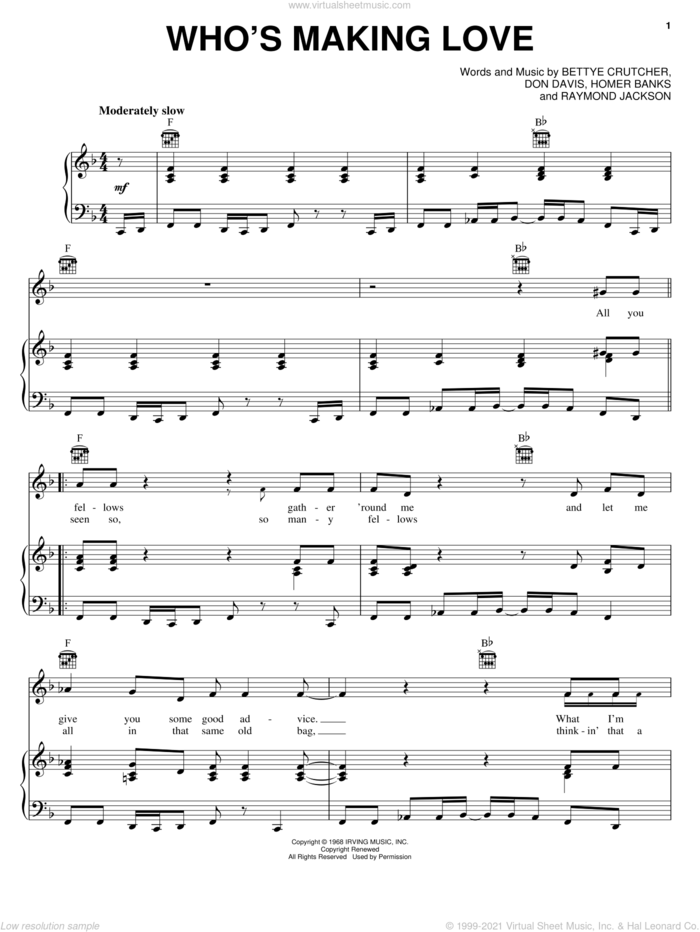 Who's Making Love sheet music for voice, piano or guitar by Johnnie Taylor, Bettye Crutcher, Don Davis, Homer Banks and Raymond Jackson, intermediate skill level