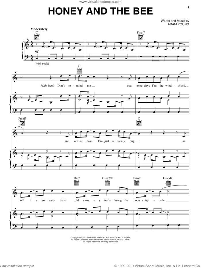 Honey And The Bee sheet music for voice, piano or guitar by Owl City and Adam Young, intermediate skill level
