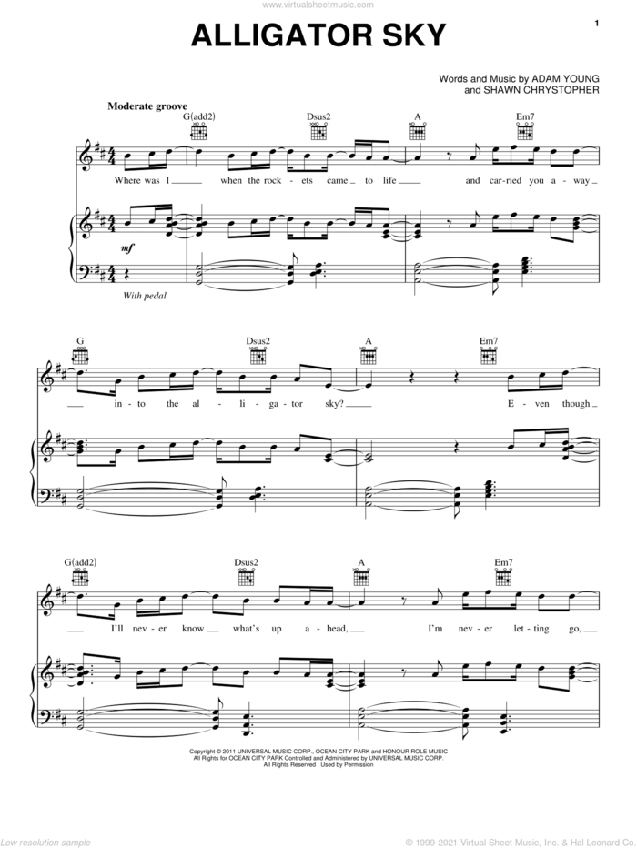 Alligator Sky sheet music for voice, piano or guitar by Owl City, Adam Young and Shawn Chrystopher, intermediate skill level
