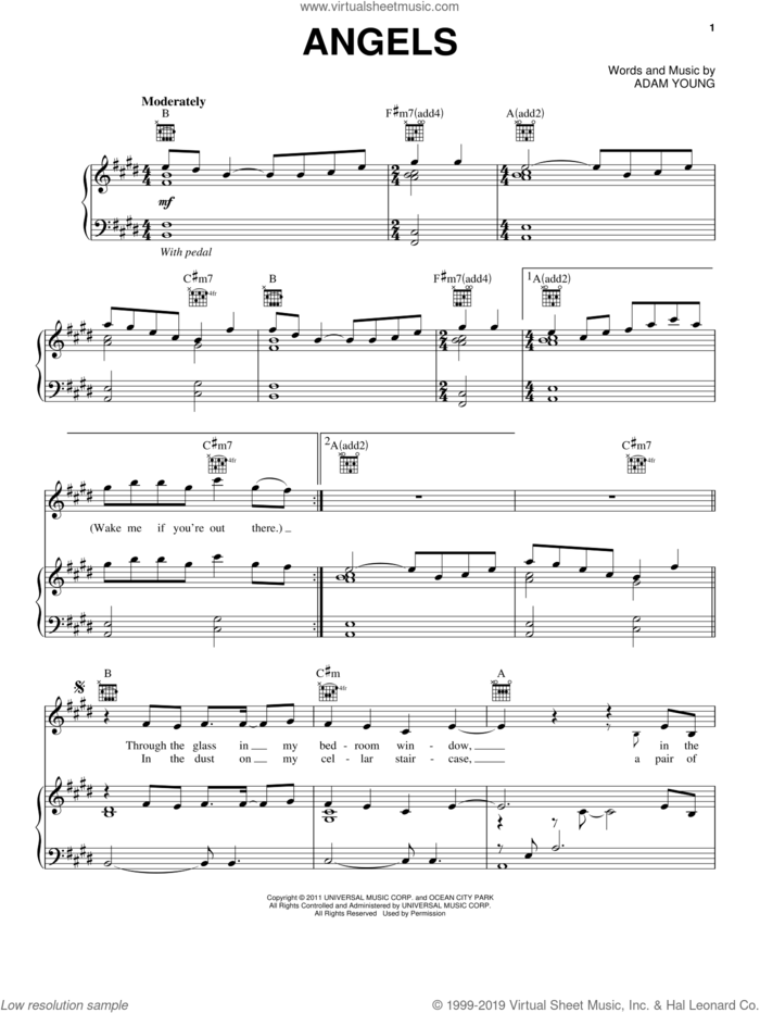Angels sheet music for voice, piano or guitar by Owl City and Adam Young, intermediate skill level