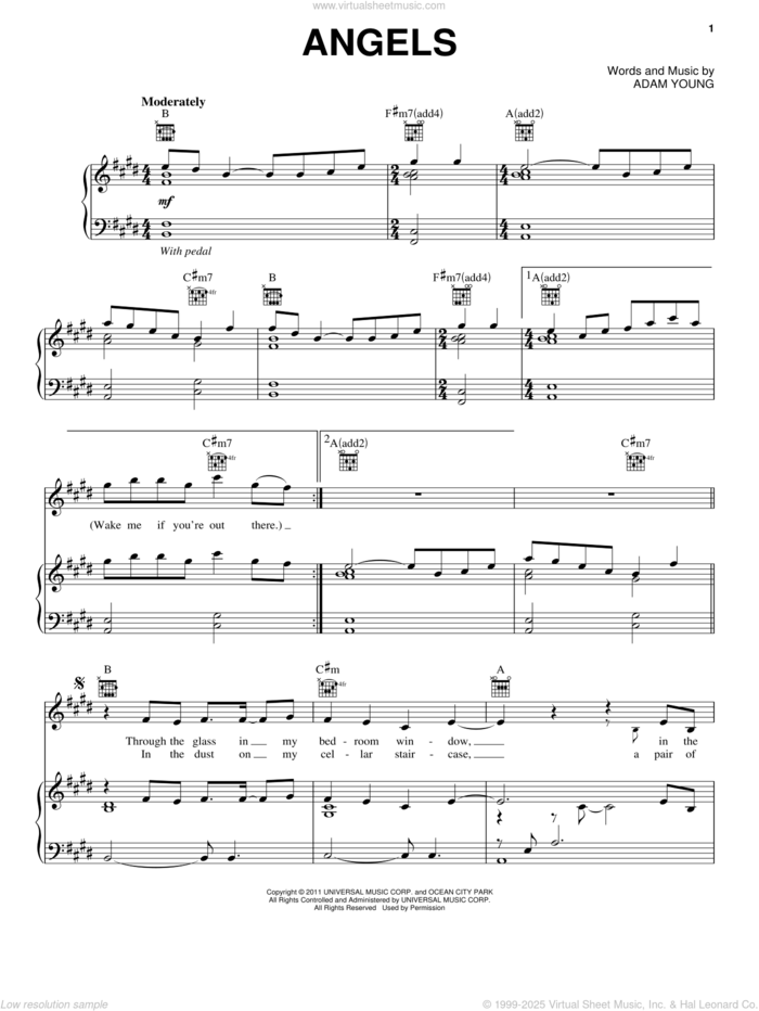 Angels sheet music for voice, piano or guitar by Owl City and Adam Young, intermediate skill level