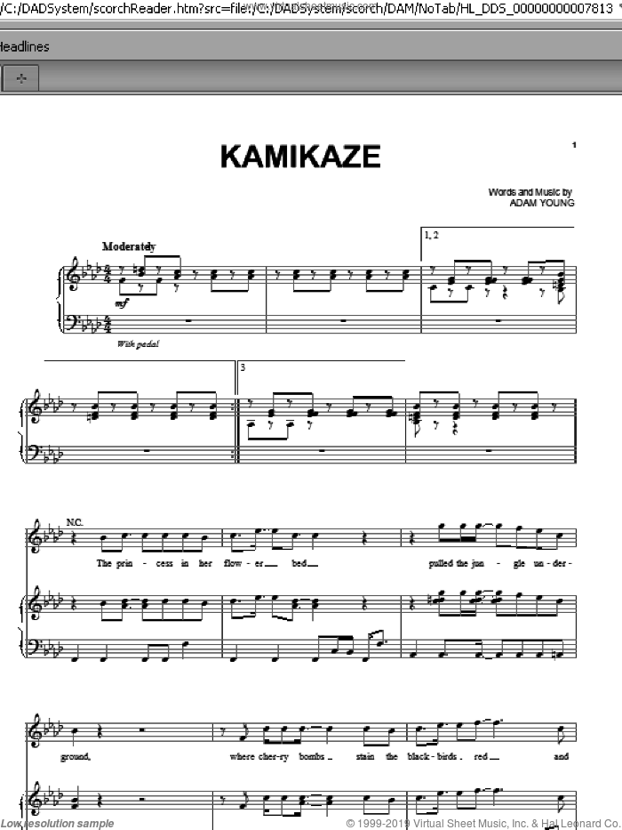 Kamikaze sheet music for voice, piano or guitar by Owl City and Adam Young, intermediate skill level