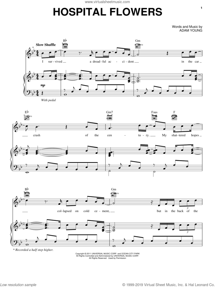 Hospital Flowers sheet music for voice, piano or guitar by Owl City and Adam Young, intermediate skill level