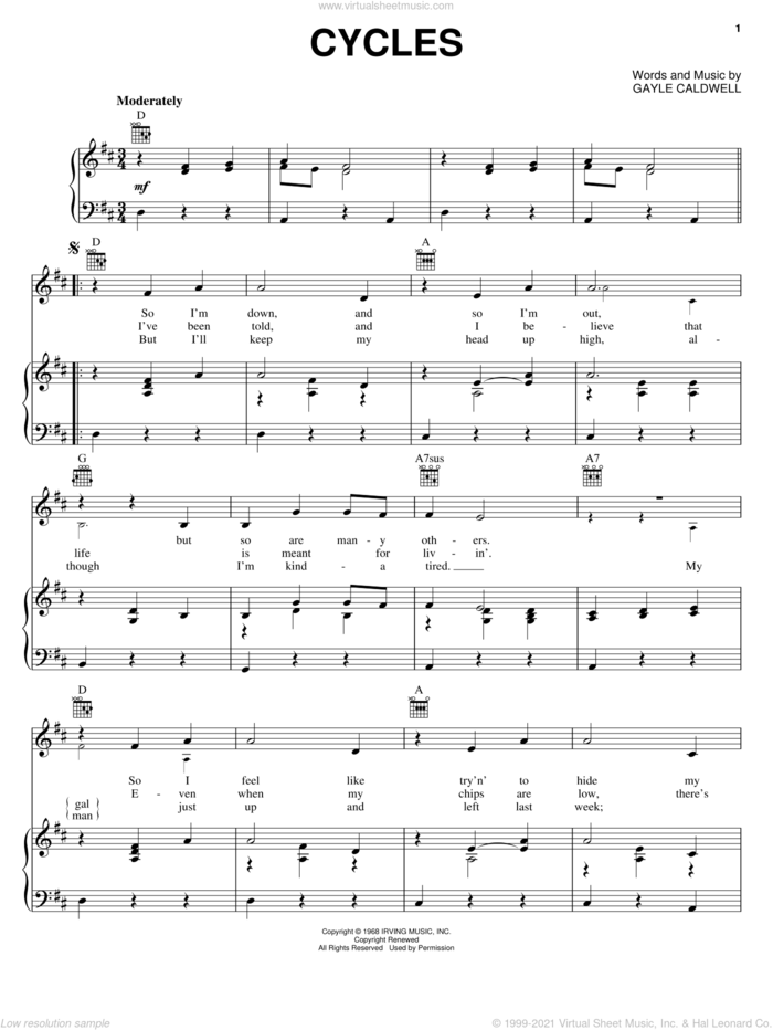 Cycles sheet music for voice, piano or guitar by Frank Sinatra and Gayle Caldwell, intermediate skill level