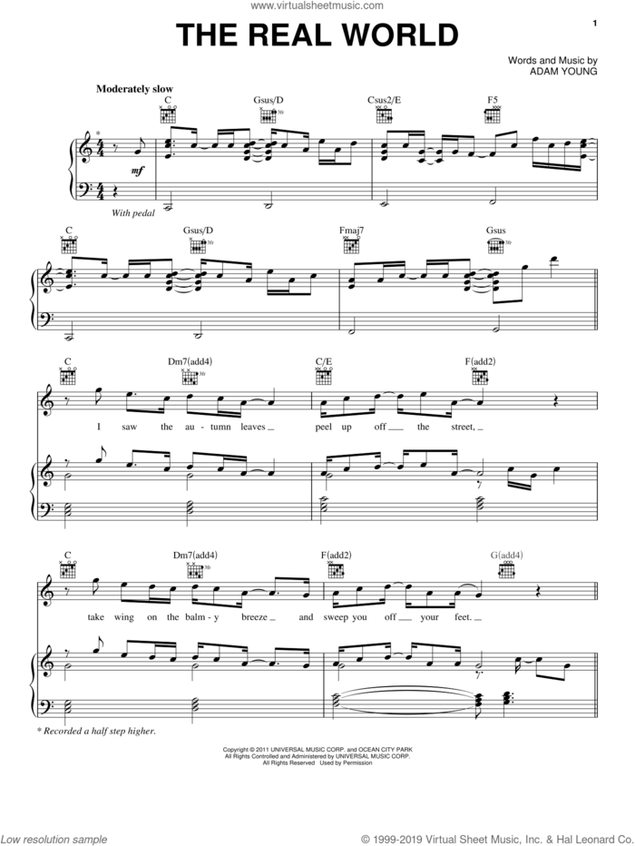The Real World sheet music for voice, piano or guitar by Owl City and Adam Young, intermediate skill level