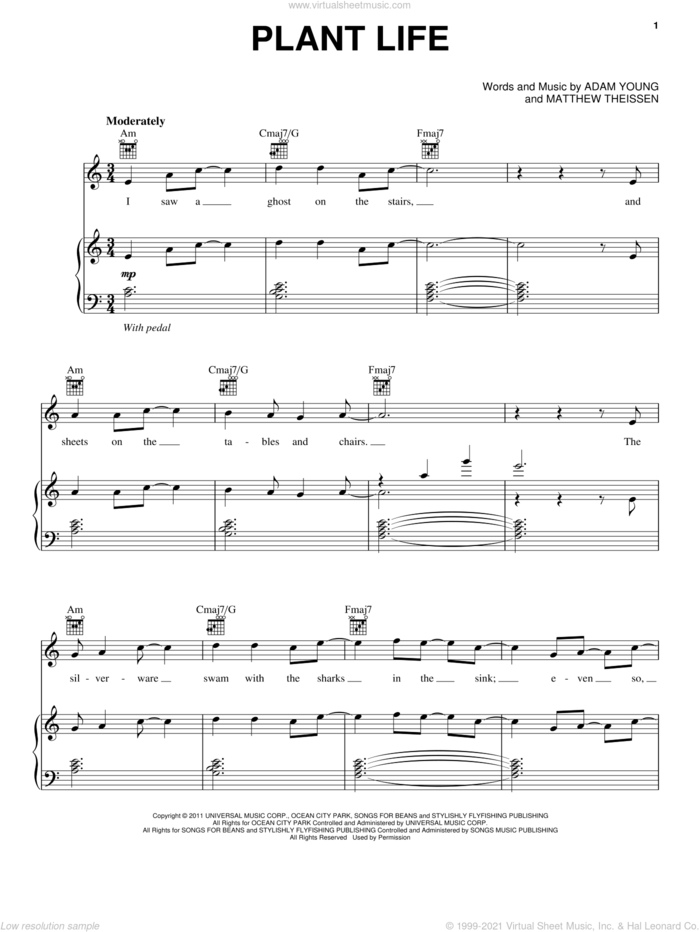 Plant Life sheet music for voice, piano or guitar by Owl City, Adam Young and Matt Theissen, intermediate skill level