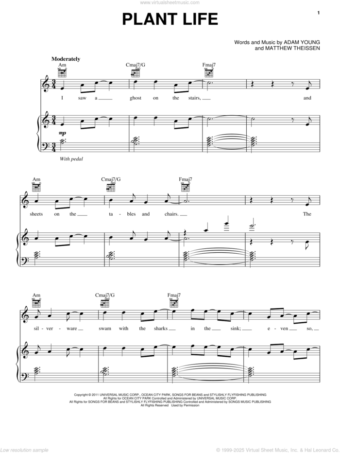 Plant Life sheet music for voice, piano or guitar by Owl City, Adam Young and Matt Theissen, intermediate skill level