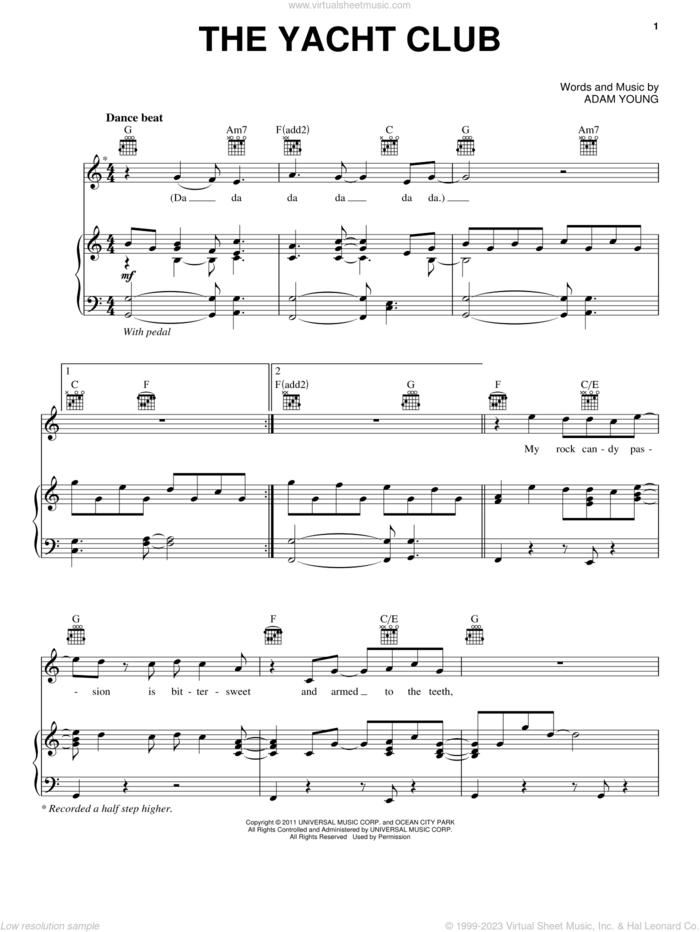 The Yacht Club sheet music for voice, piano or guitar by Owl City and Adam Young, intermediate skill level