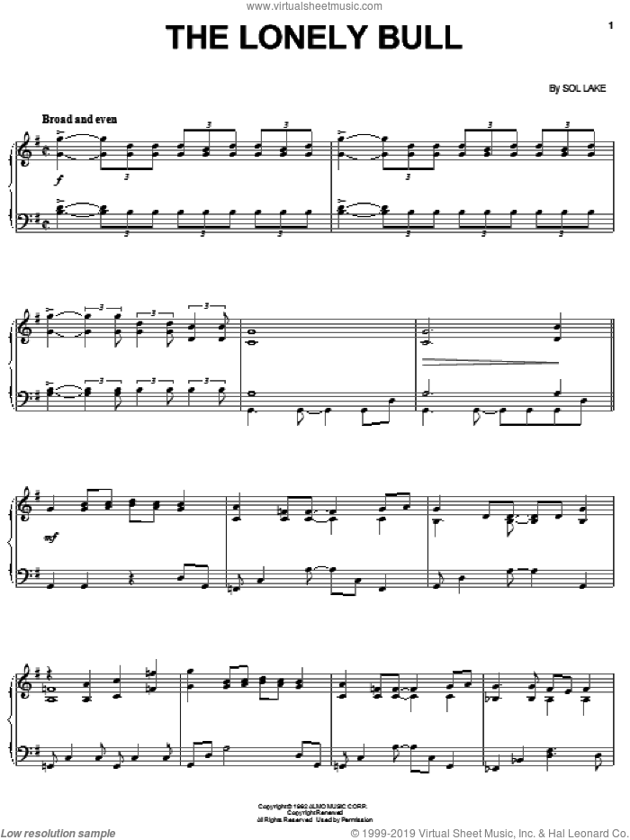 The Lonely Bull, (intermediate) sheet music for piano solo by Herb Alpert & The Tijuana Brass, Herb Alpert and Sol Lake, intermediate skill level