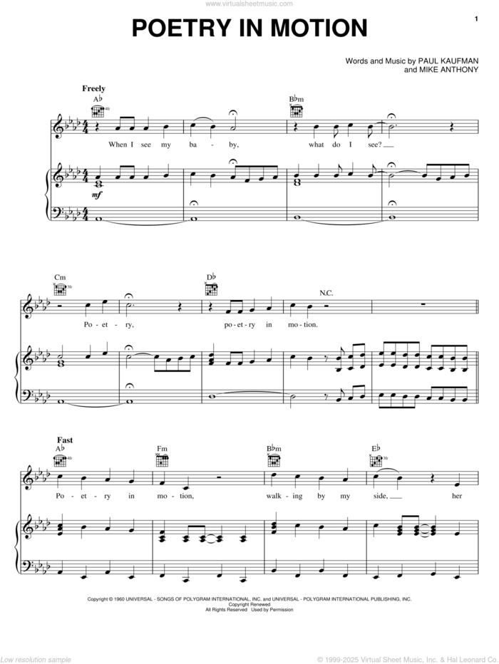 Poetry In Motion sheet music for voice, piano or guitar by Johnny Tillotson, Michael Anthony and Paul Kaufman, intermediate skill level