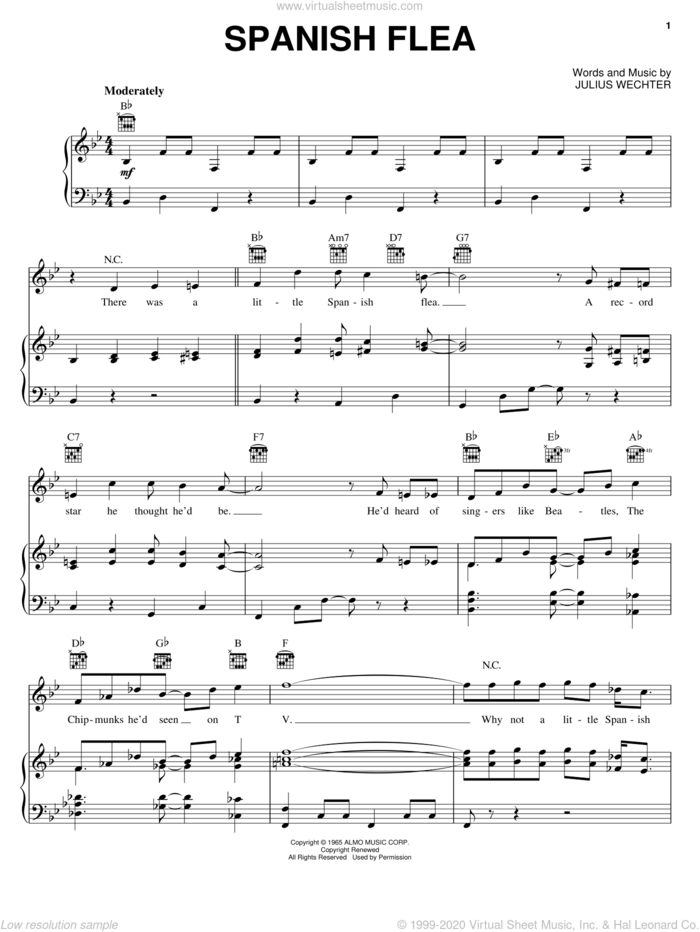 Spanish Flea sheet music for voice, piano or guitar by Herb Alpert & The Tijuana Brass, Herb Alpert and Julius Wechter, intermediate skill level