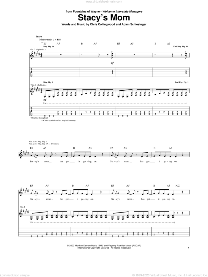 Stacy's Mom sheet music for guitar (tablature) by Fountains Of Wayne, Adam Schlesinger and Chris Collingwood, intermediate skill level